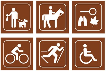Graphic with six pictographs of activities available on Acadia's carriage roads