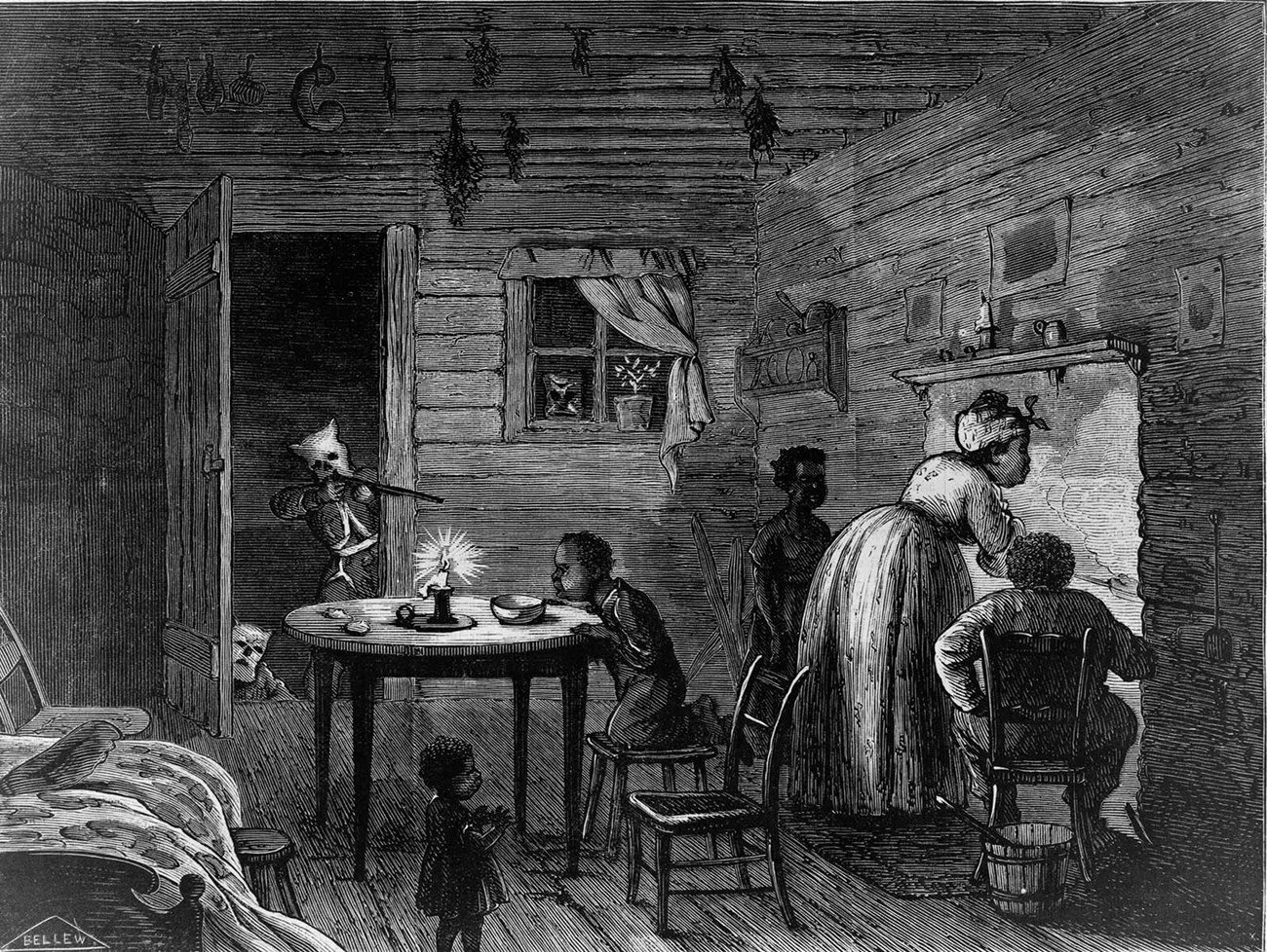 KKK Violence - Library of Congress A white man wearing a white hood and holding a gun enters a house where African Americans are cooking at a fireplace.