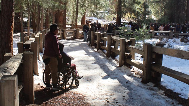 A person pushing another person in a wheelchair pauses a moment on a snowy trail.