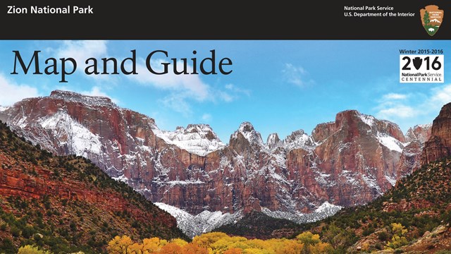 Cover of park newspaper with Temples and Towers of the Virgin, snow, and fall foliage.
