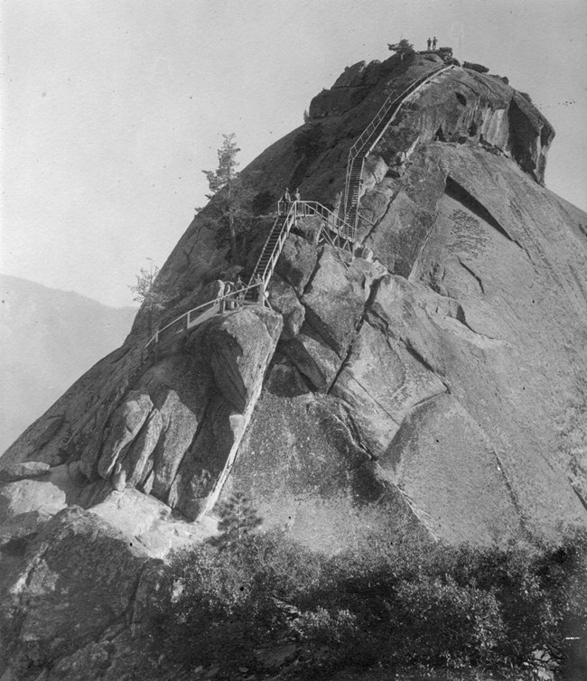 Wooden stairs climb to the top of Moro Rock